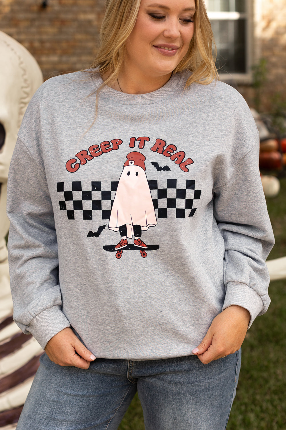 Sweat-shirt gris clair Creep It Real Ghost imprimé grande taille