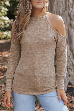 Marbled Knit Off Shoulder Long Sleeve Khaki Top