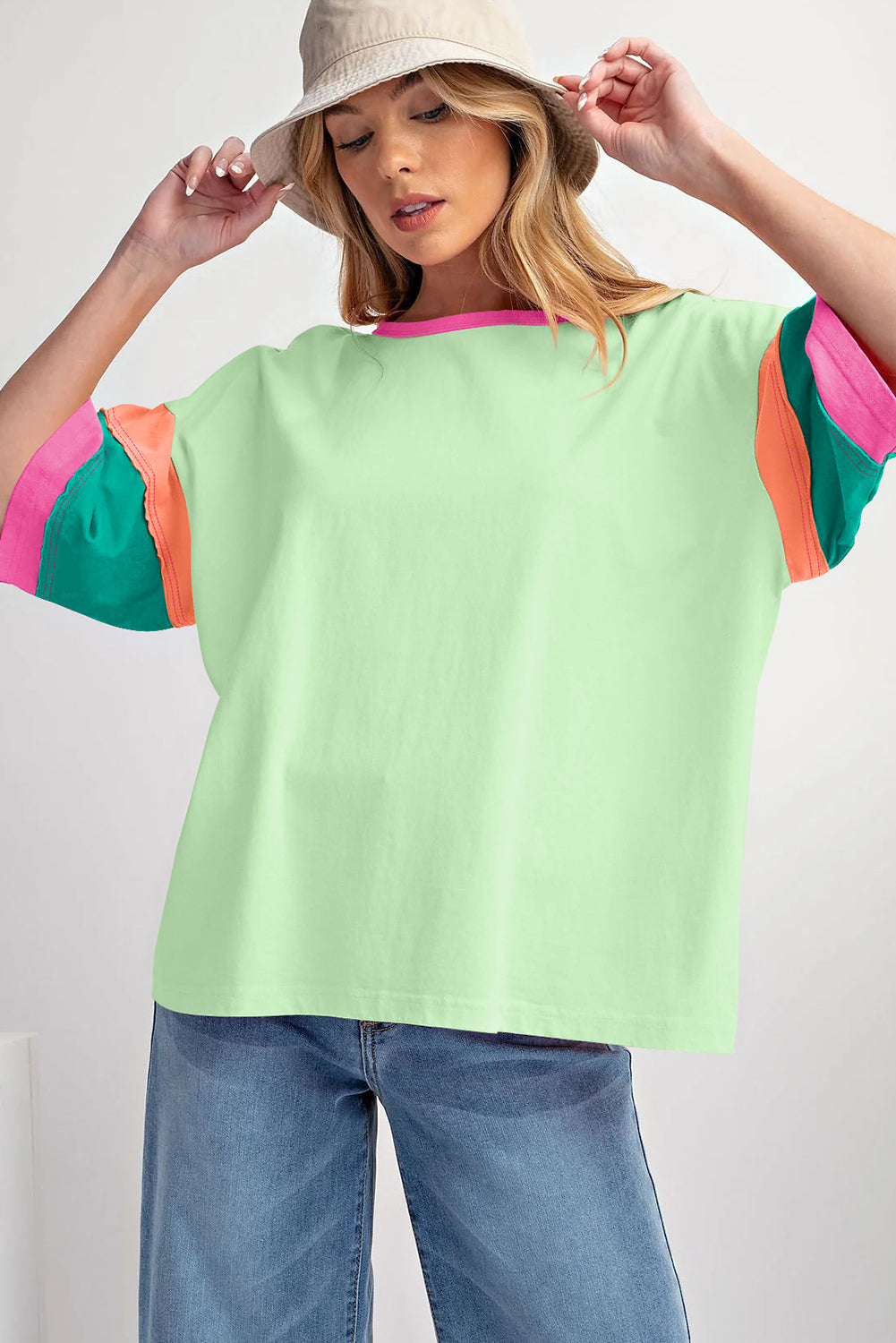 Oversize high with sleeve green and round neck with contrasting seams
