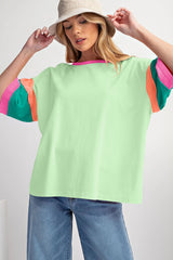 Oversize high with sleeve green and round neck with contrasting seams