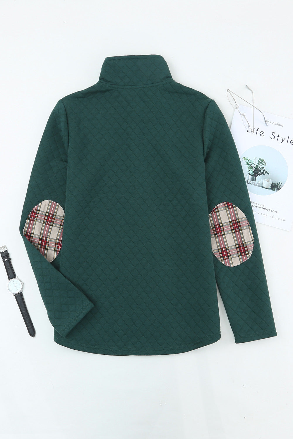 Sweat-shirt Green Geometric Texture Plaid Trim