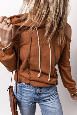 Cinnamon Exposed Seam Drawstring Off-Shoulder Hoodie