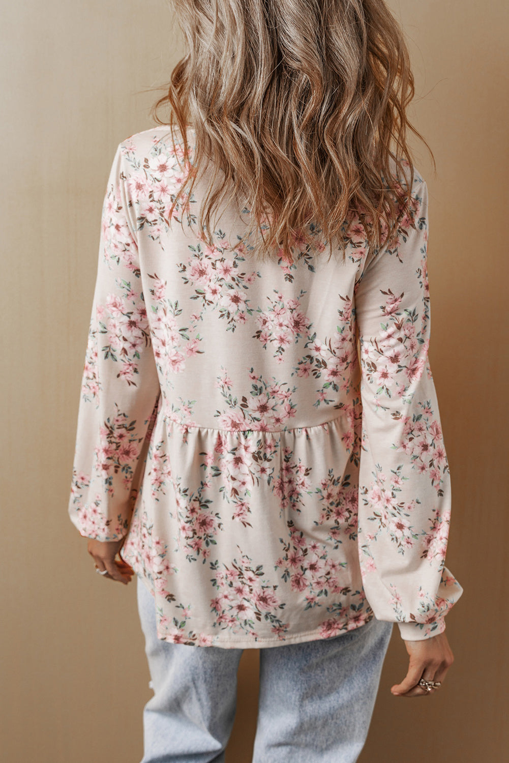 Blusa de ajuste suelto de u cuello de estampado floral rosa