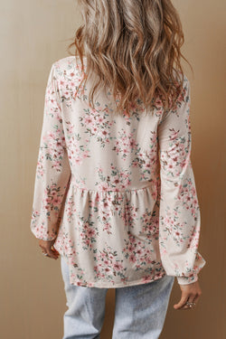 Floated pink blouse with floral print and u collar, loose cut