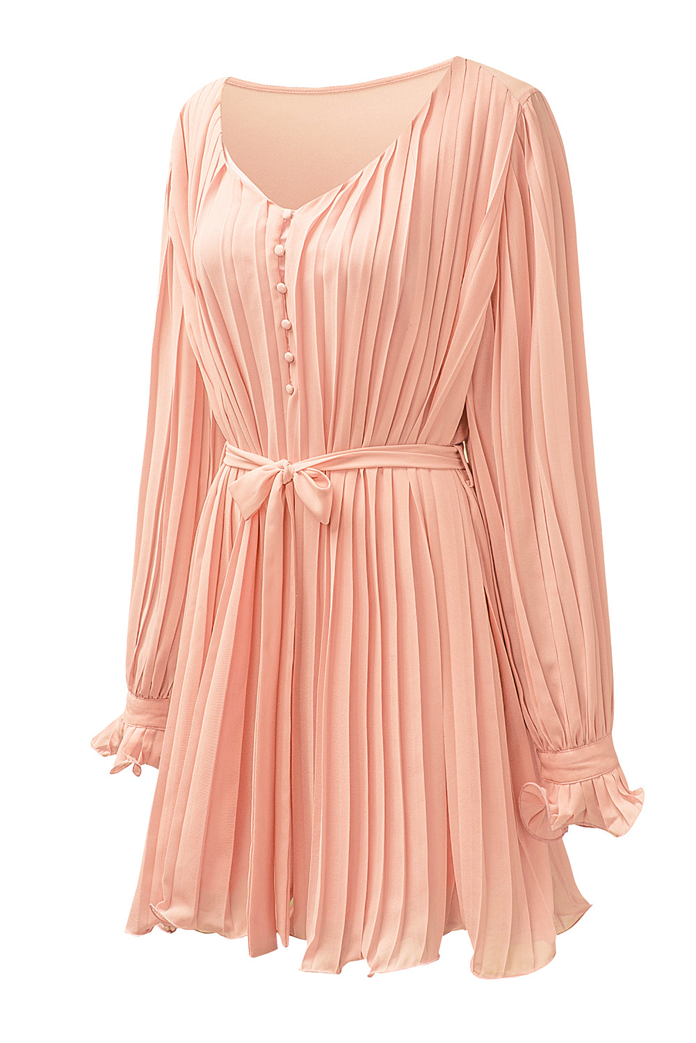 Pink pleated romper with ruffles and buttons at the waist, V-neck