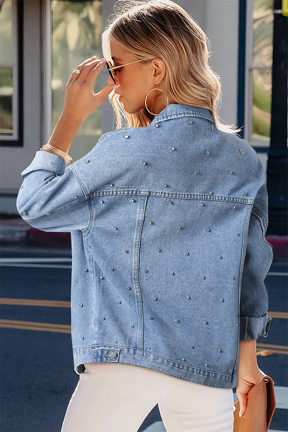 Mist Blue Rignestones Veste en jean clouté