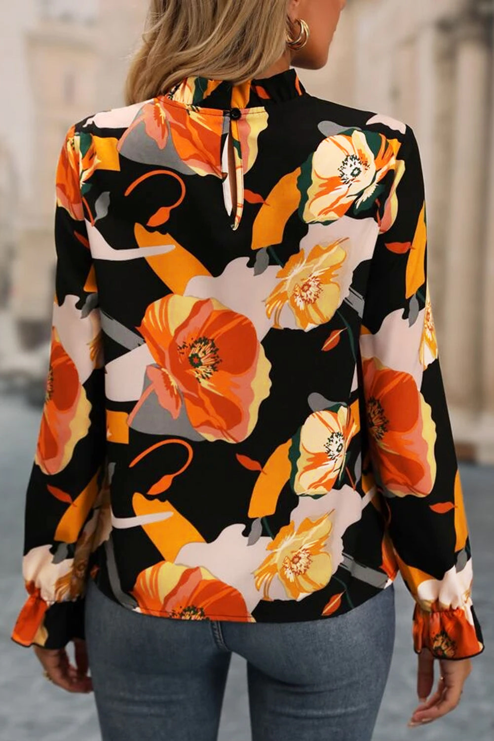 Black Floral Print Mock Neck Blouse