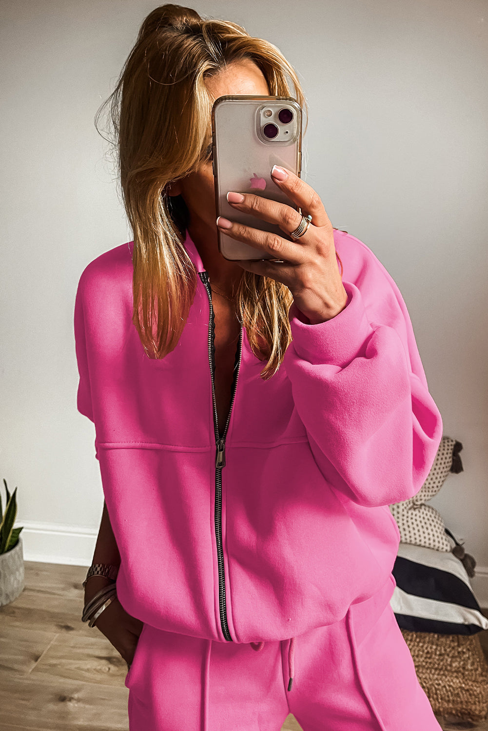 Hot Pink Solid Stitch Zip-Up Jacket and Drawstring Waist Pants Set