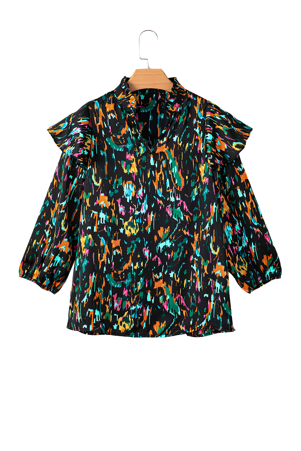 Blusa de volante de la manga de impresión abstracta multicolor 3/4