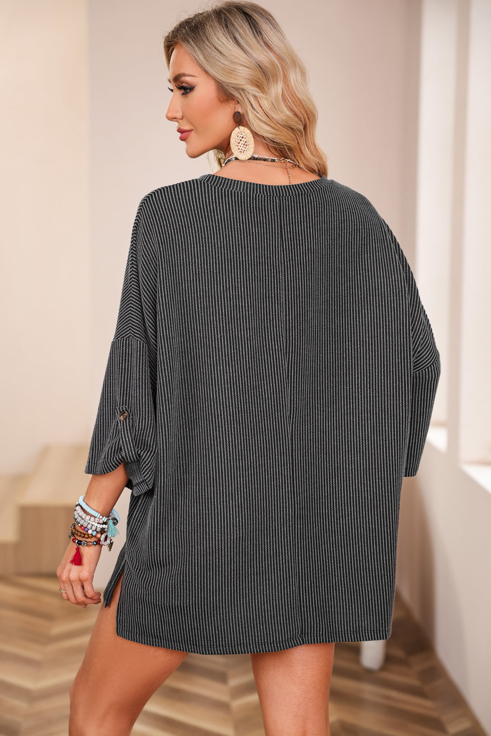 Dark Gray Ribbed Roll-tab Sleeve Chest Pocket Oversize Top