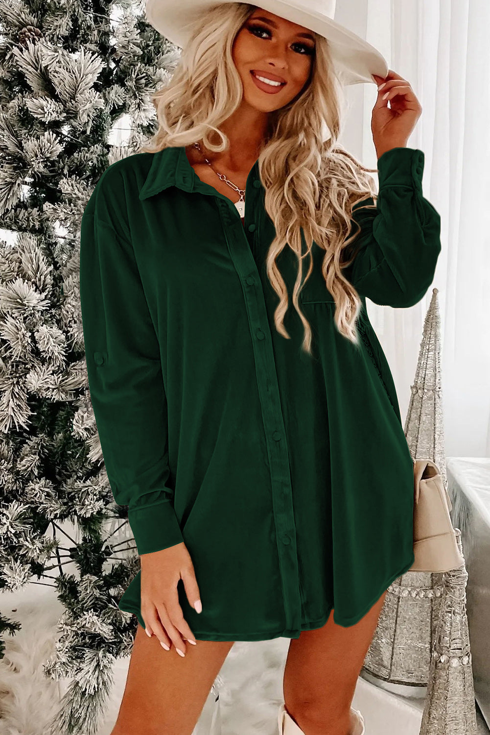 Blackish Green Velvet Button Fronthemd Mini Kleid