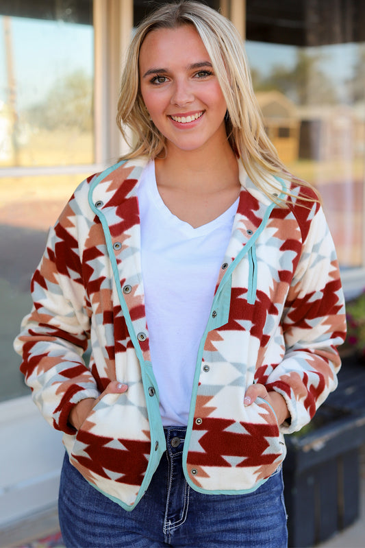 Fiery Red Western Aztec Botoned Pockets Fleece Chaqueta