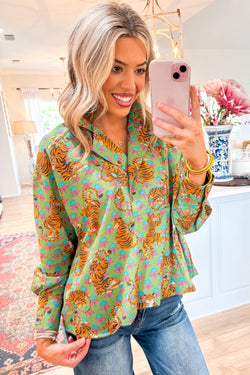 Decreeed V -neck shirt and green tiger floral print