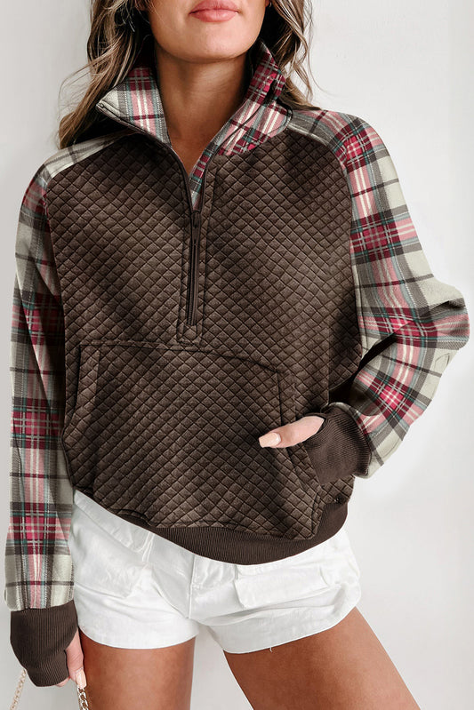 Khaki gedrucktes Plaid -Ärmel -Patchwork strukturiertes Sweatshirt gefärbt