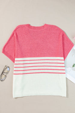 Strawberry Pink Contrast Striped Short Sleeve V-Neck Knitted Top