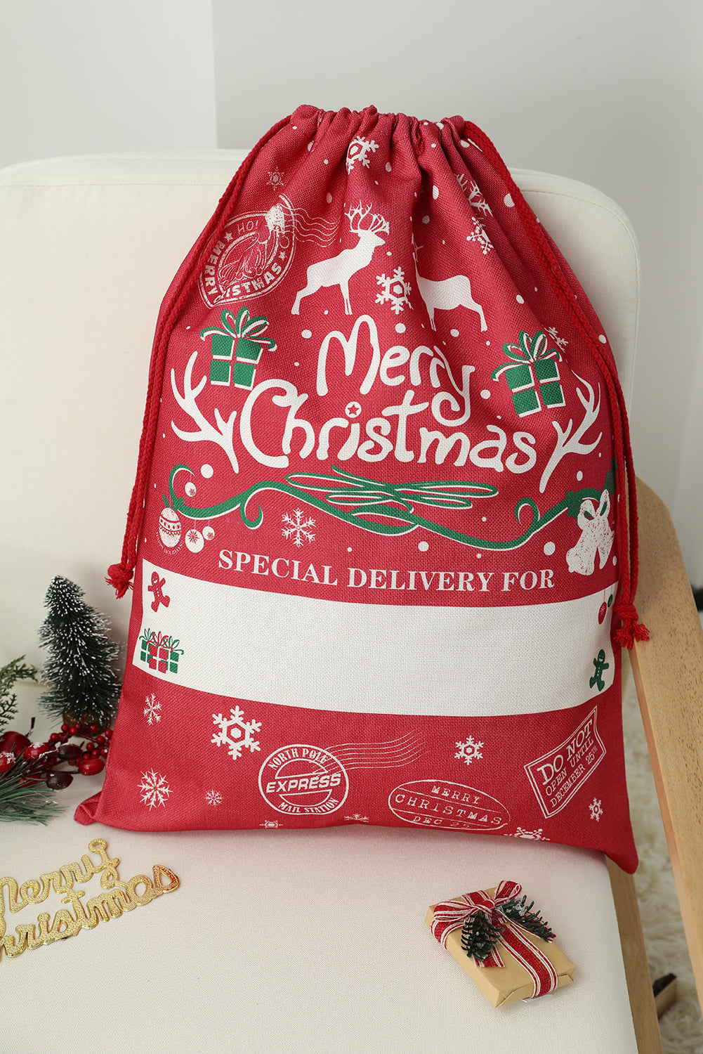 Grand sac cadeau de Noël blanc avec cordon de serrage 50 x 66 cm