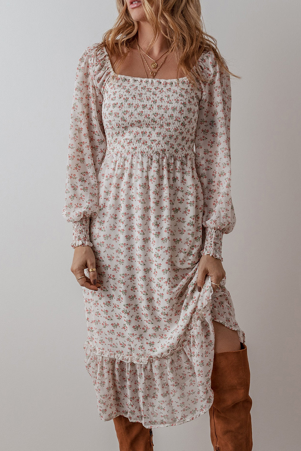 White floral print midi dress with ruffled hem and square neck