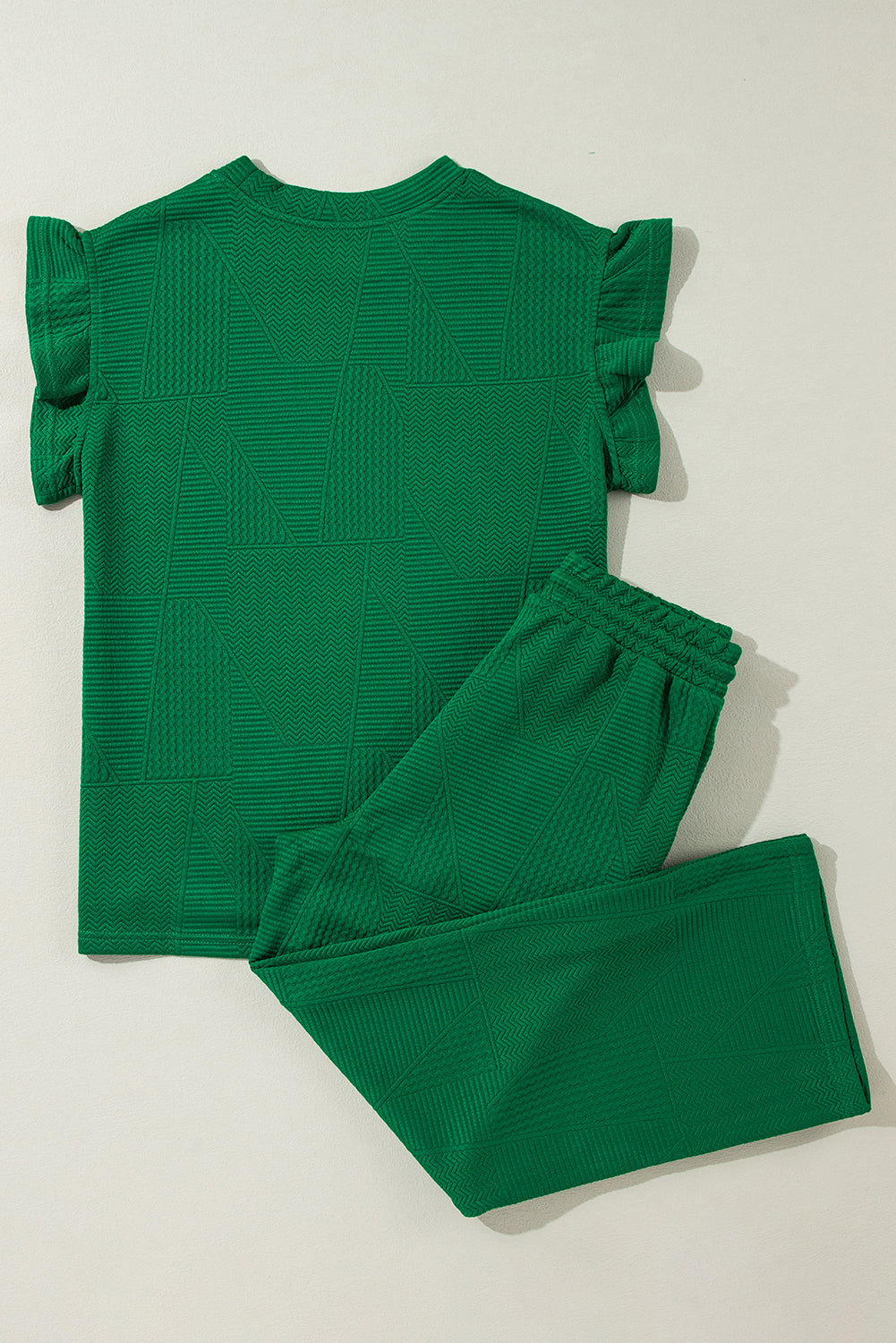 Ensemble haut d'été à manches volantées vert foncé et pantalon court ample-A WOMAN WE LOVE