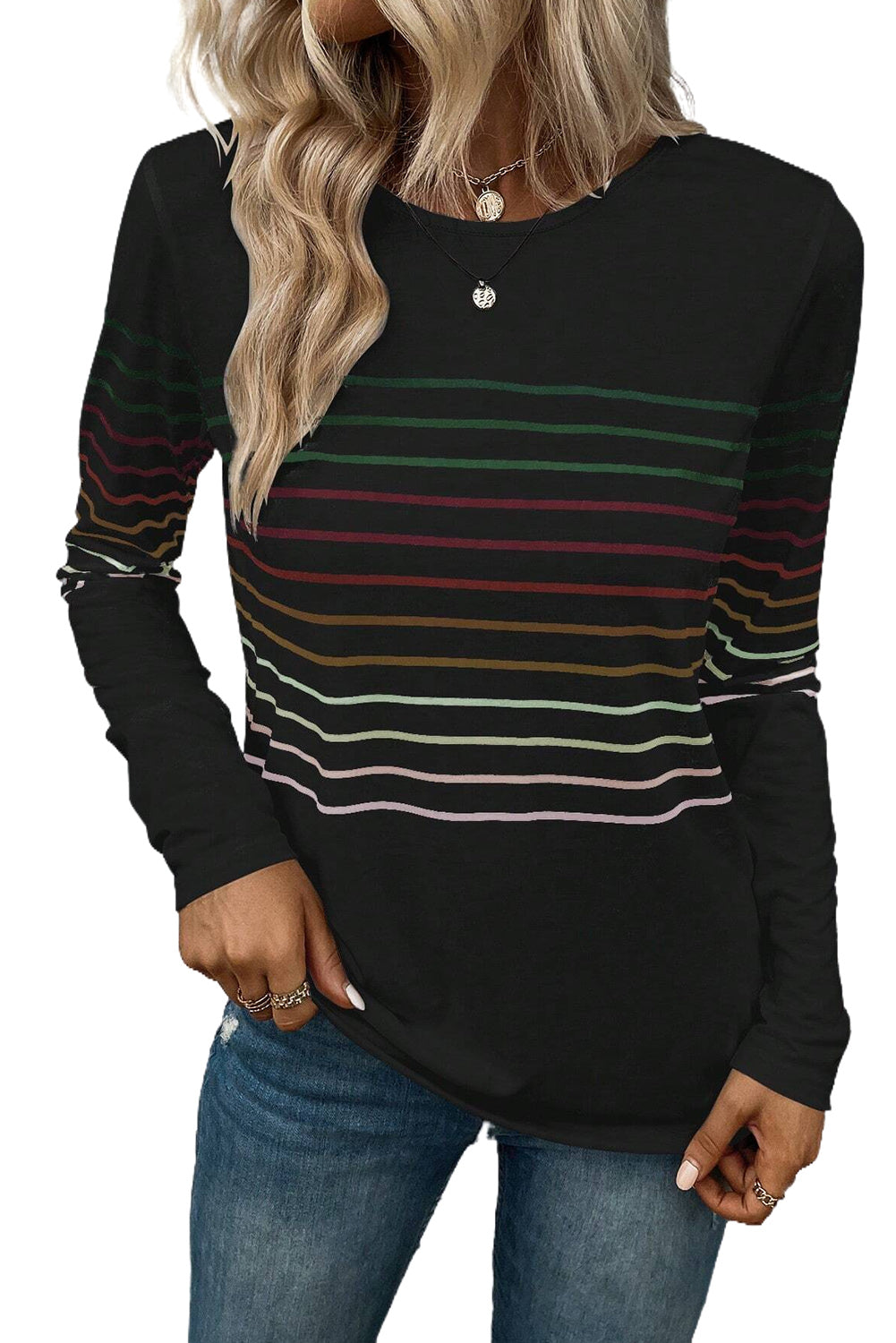 Top de manga larga con cuello redondo a rayas multicolor negro