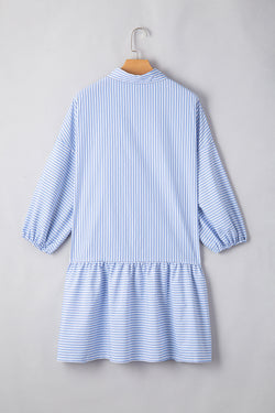 Sky blue striped button-down shirt dress, bubble sleeves, chest pockets