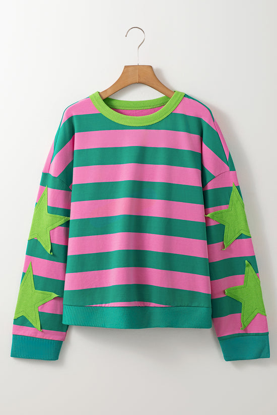 Pink striped and star patchwork crew neck sweatshirt