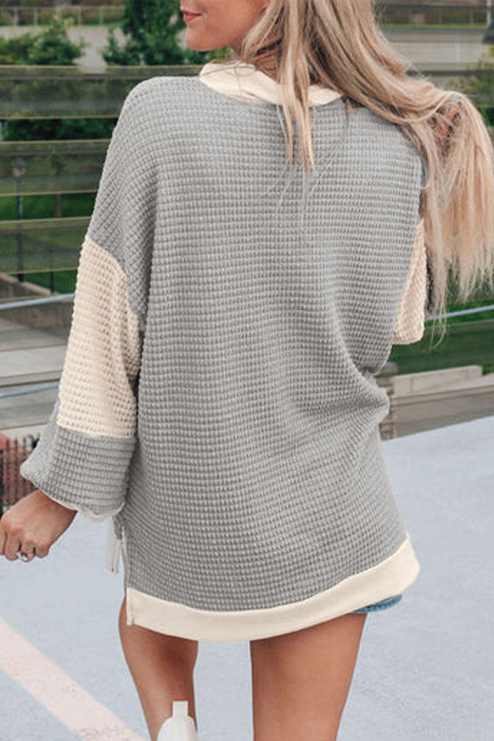 Khaki Textured Henley Top with Color Block Collar