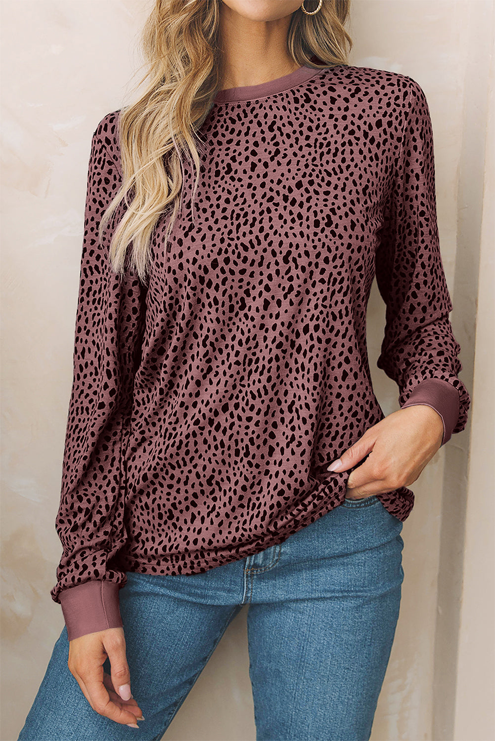 Animal Spotted Print Round Neck Long Sleeve Top