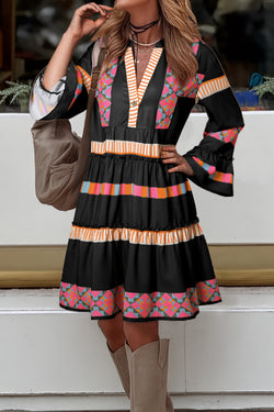 Black patchwork dress with ruffles and sleeve bell with V -collar and ethnic print buttoned