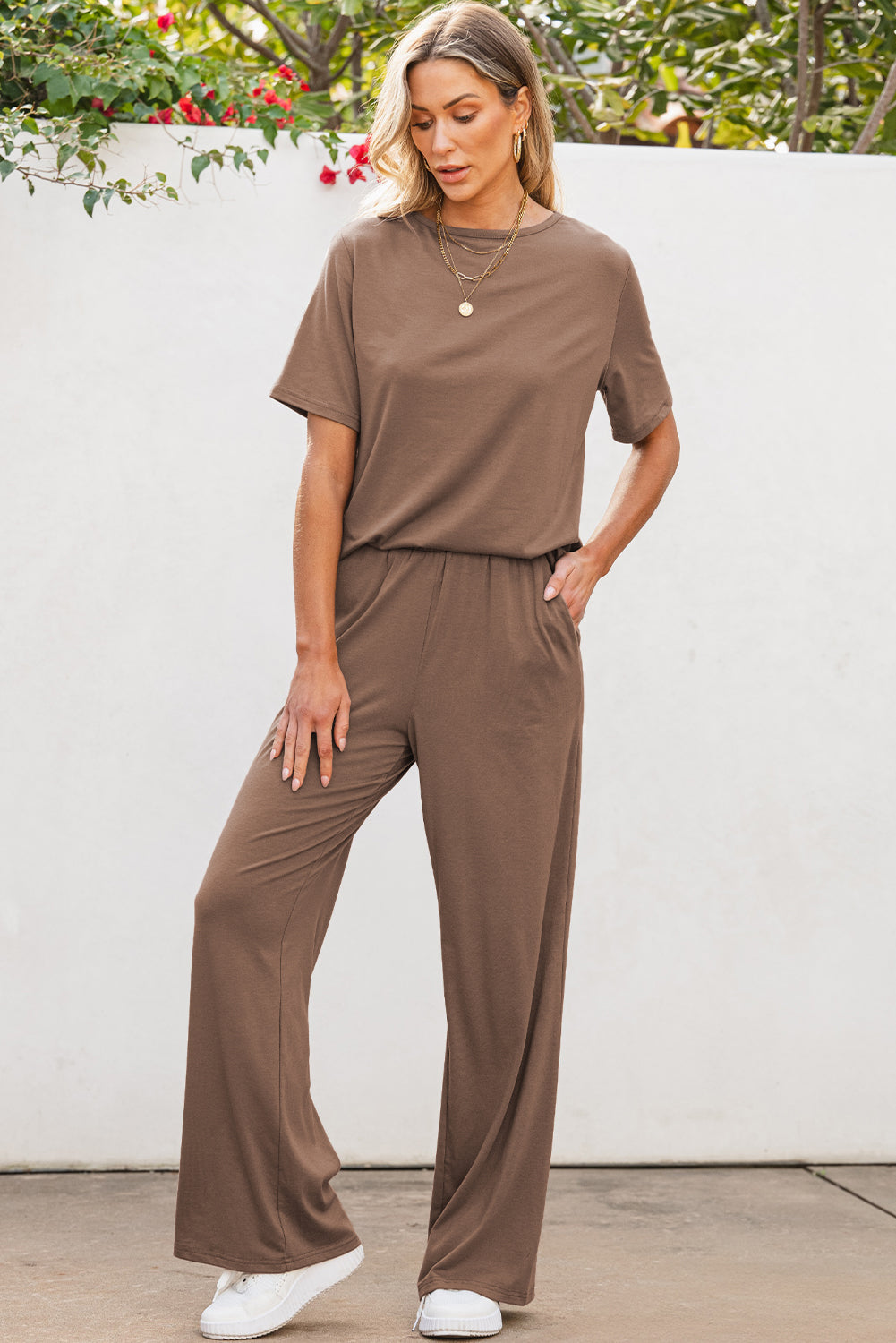 Smoke Gray Solid Color T-Shirt and Wide Leg Pants 2 Piece Set