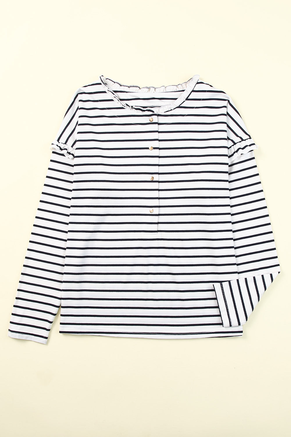 White Striped Print Ruffled Buttoned Long Sleeve Top