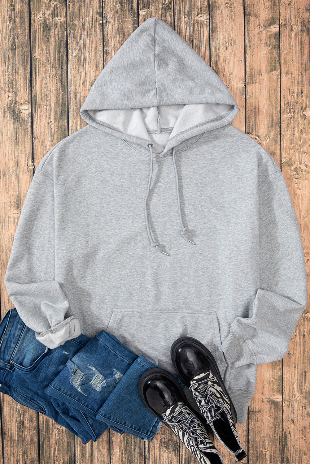 Light Grey Fleece Lined Heavyweight Drawstring Hoodie with Kangaroo Pocket