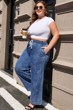 Jeans rectos de cintura alta con cordón de apriete azul al anochecer