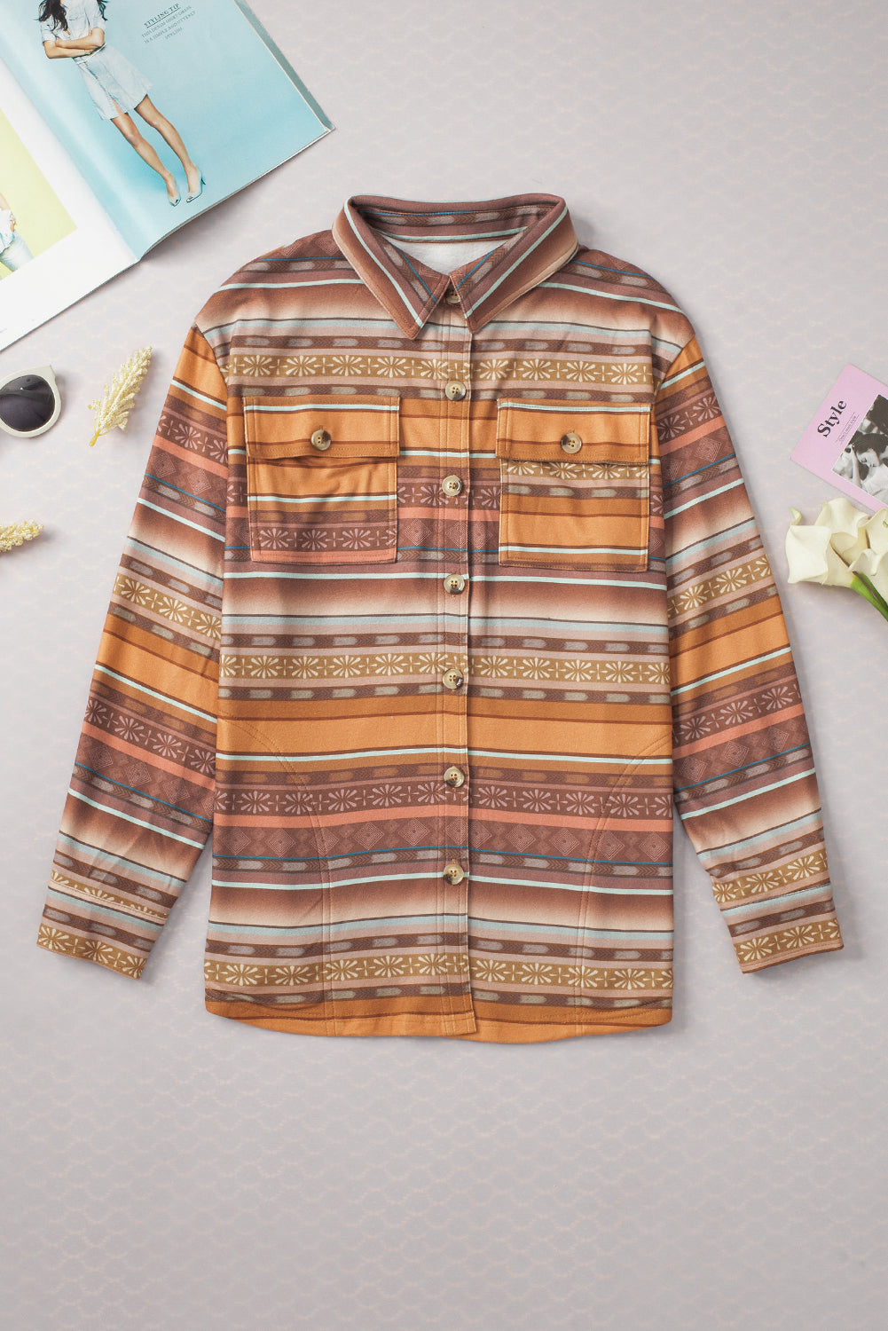 Brown Western Print Fleece Shacket