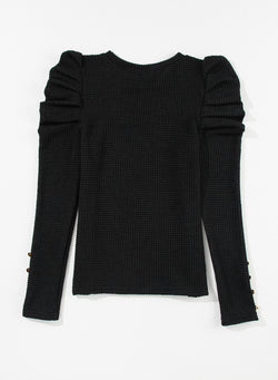 Black textured solid color buttoned mutton sleeve top