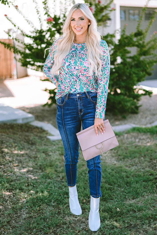 Ploted blouse with round -neck flowers and long green sleeves