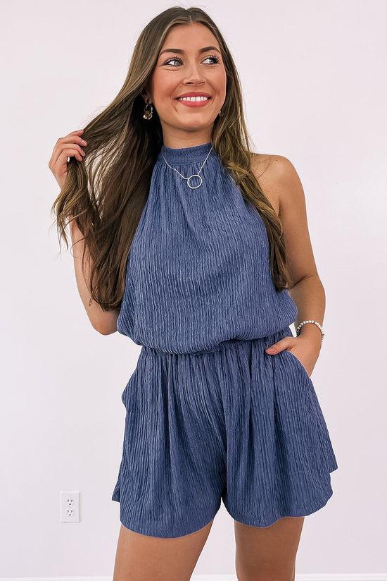 Crinkled Textured Romper with High Neck and Blue Bow at Back