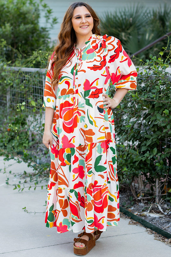 Robe orange à imprimé floral avec cordon de serrage et col en V, grande taille