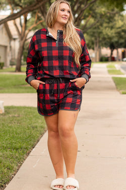 Plus Size Fiery Red Christmas Buffalo Print Henley Top and Shorts Set