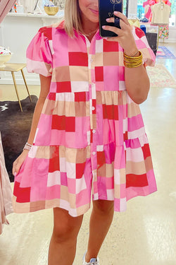 Pink Plaid Print Puff Sleeve Buttoned Ruffle Dress