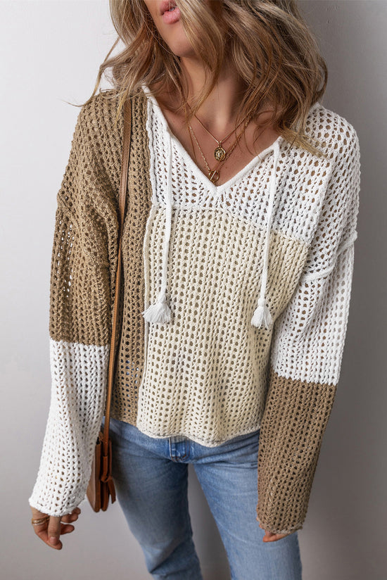 Lightweight V-neck sweater with openwork and knotted front in brown color block