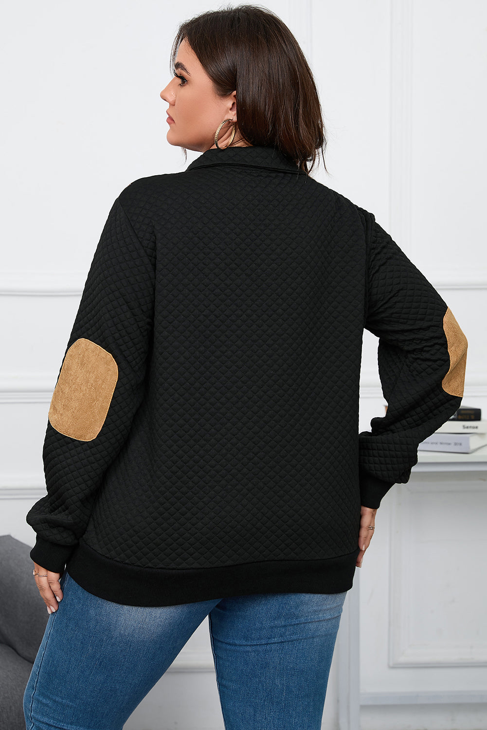 Black Plus Size Plaid Patch Quilted Henley Sweatshirt