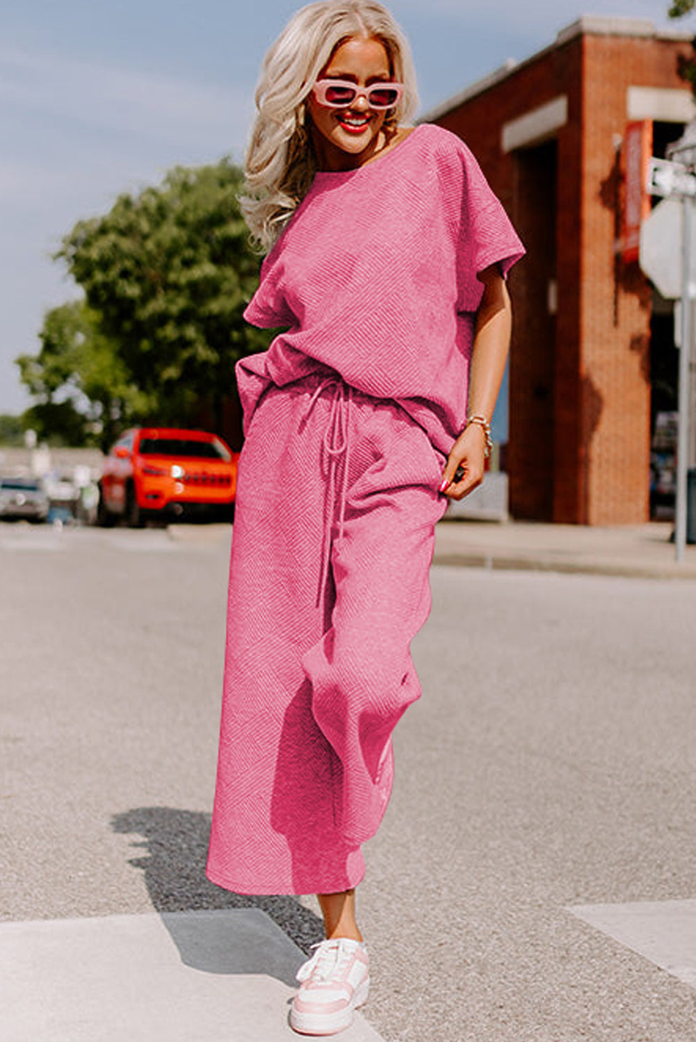 Strawberry Pink Textured Loose T-Shirt and Drawstring Pants Set