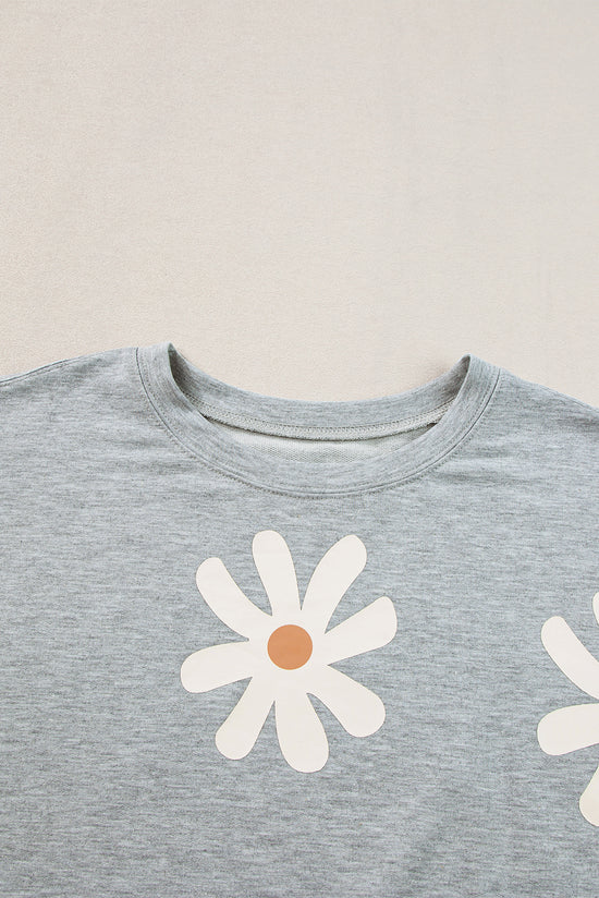 T-shirt décontracté gris imprimé fleur de marguerite