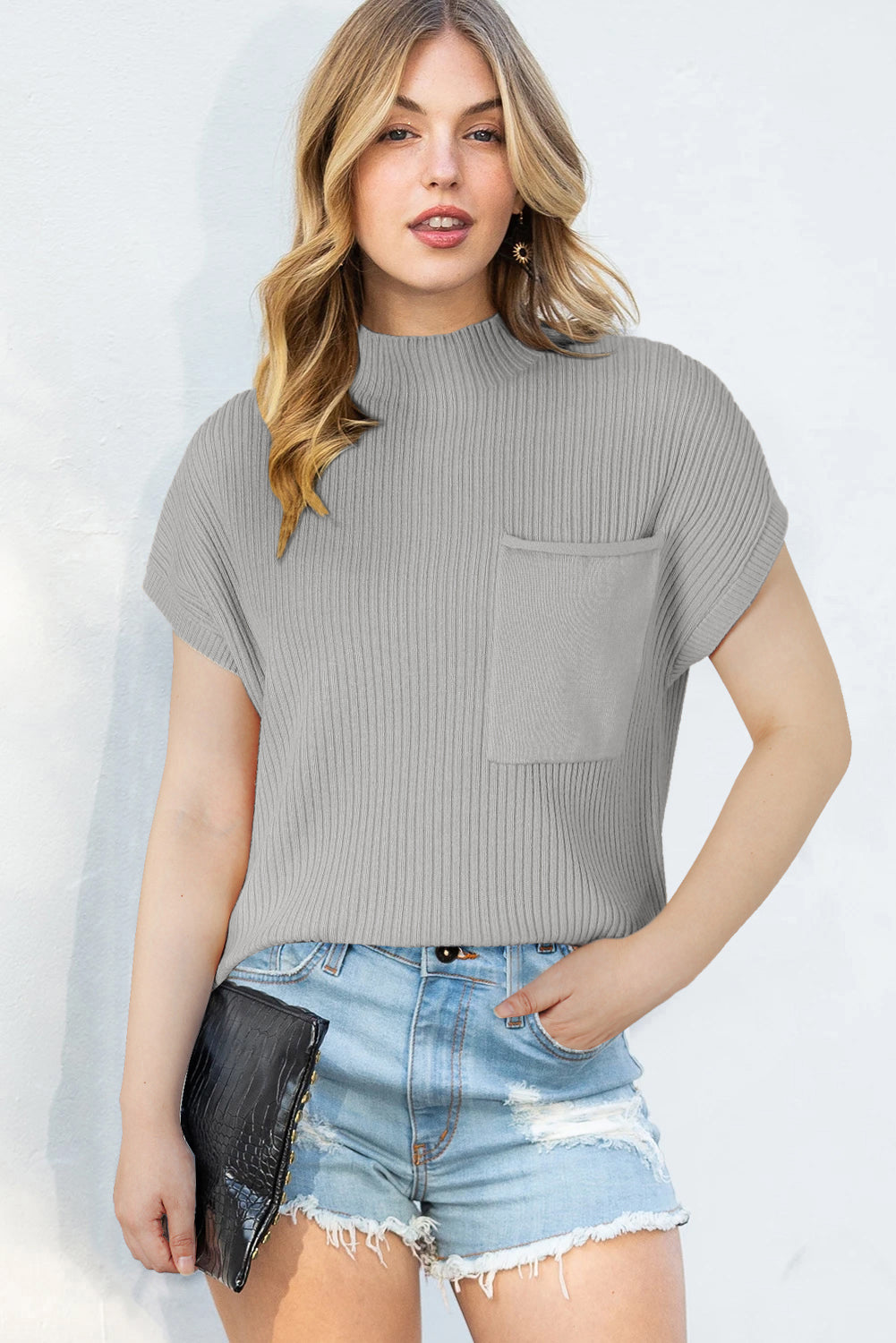 Gray Patch Pocket Ribbed Knit Short Sleeve Sweater