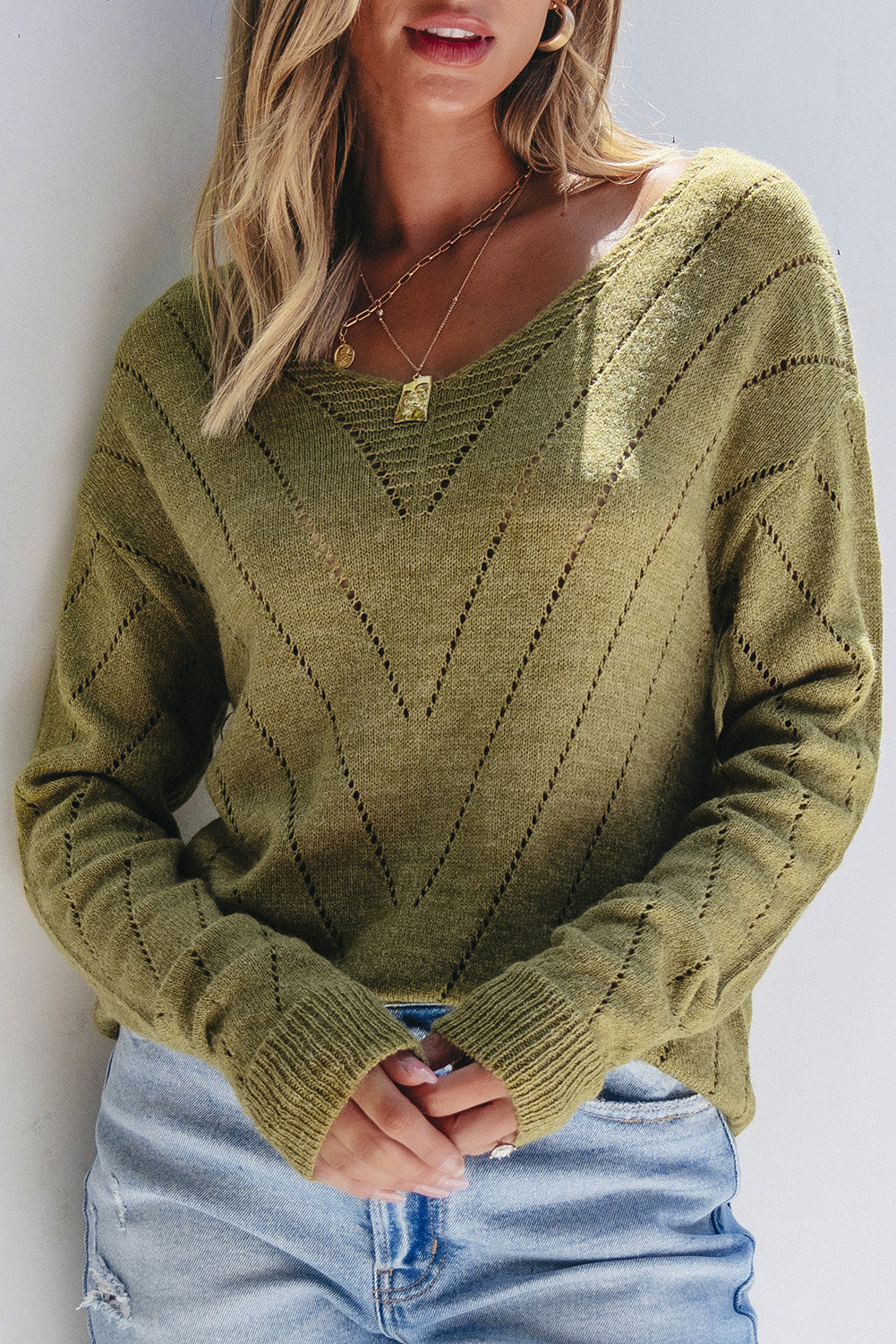 Sage Green V-Neck Drop Shoulder Sweater with Plain Eyelets