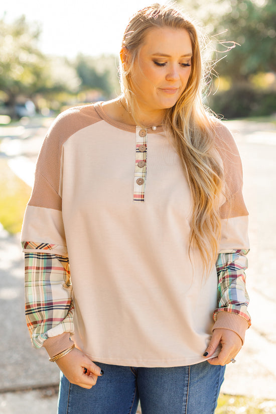 Parchment Plus Size Plaid Patchwork Layered Henley Top