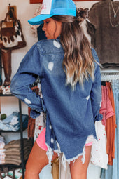 Light sky blue distressed long denim jacket