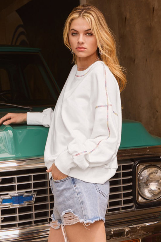 White Drop Shoulder Sweatshirt with Contrast Rainbow Trim