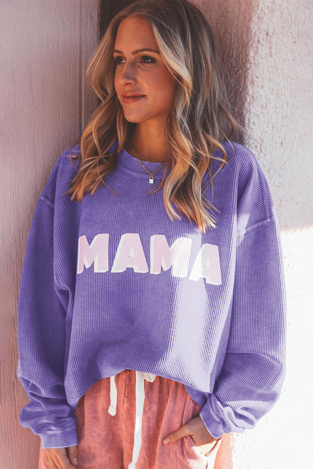 Purple Mama gerippte Crew Neck Pullover Sweatshirt