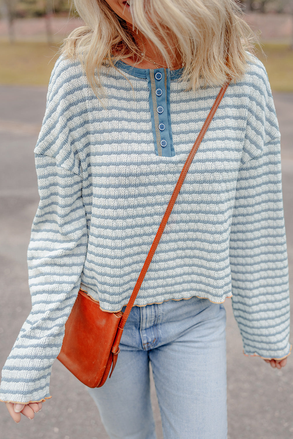 Sky Blue Stripe Textured Frilly Trim Buttons Henley Long Sleeve Top